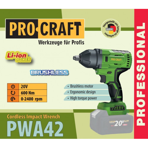 Гайкокрут ударный PROCRAFT PWA-42, 20В, 2/4/8 Ач, безщеточный, каркас