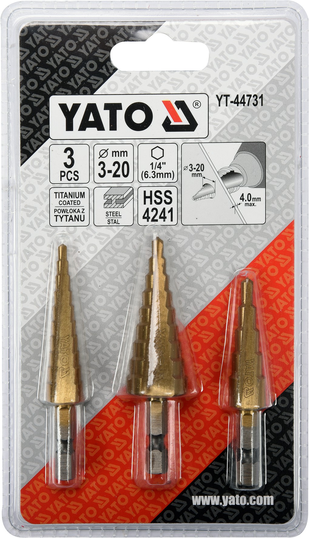 Набор сверл Yato по металлу схидчатих HSS 4241, Ø3-20мм, 1/4 ", 3 шт