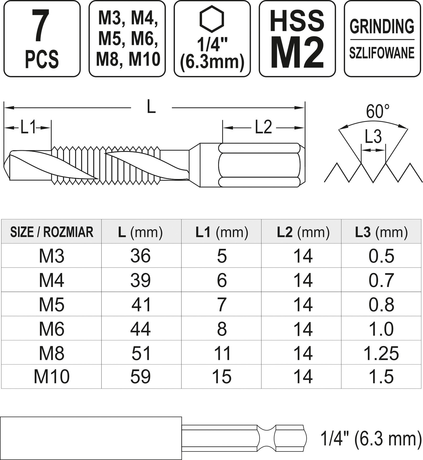 Набор сверл-метчиков Yato HSS М2, М3-М10, 1/4 ", 7шт
