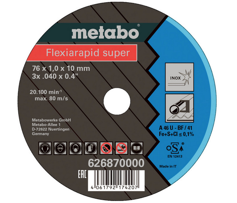 Круги отрезные Metabo Flexiarapid Superx, TF 41, Inox, Ø76×1,0×10мм, 5шт