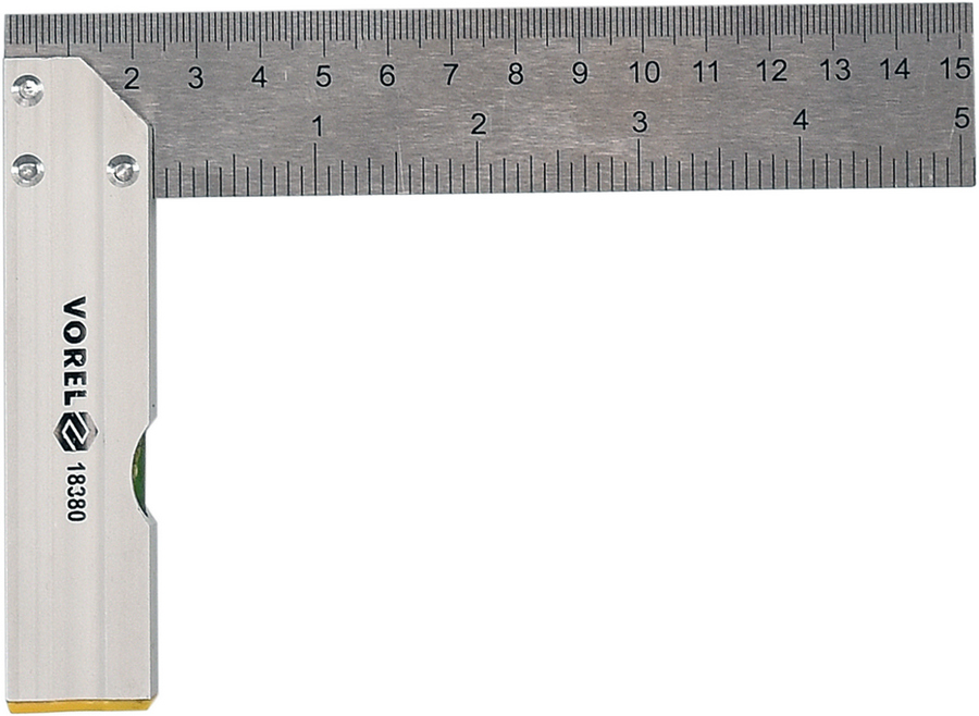 Кутник столярний Vorel, 150 мм, з рівнем, метрична і дюймова шкала