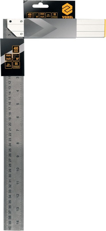 Кутник столярний Vorel, 400 мм, з рівнем, метрична і дюймова шкала