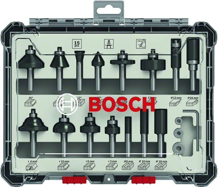 Набір фрез Bosch комбінований, хвостовик Ø8мм, 15 шт