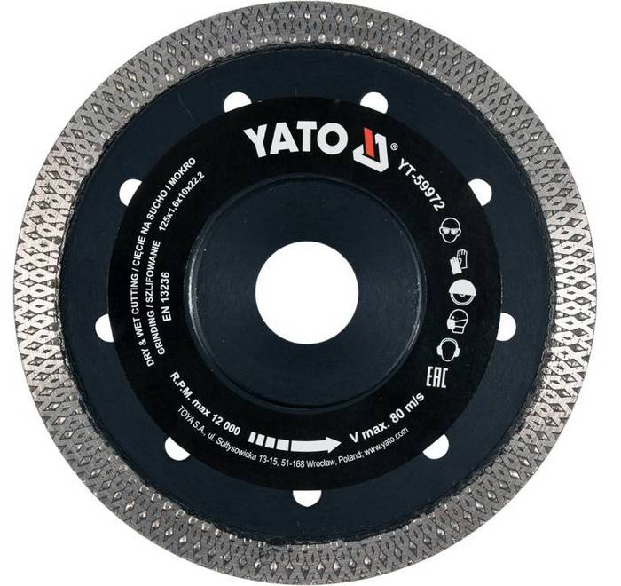 Круг алмазний вiдрiзний YATO Ø125 × 22,23мм, по кераміці, склу